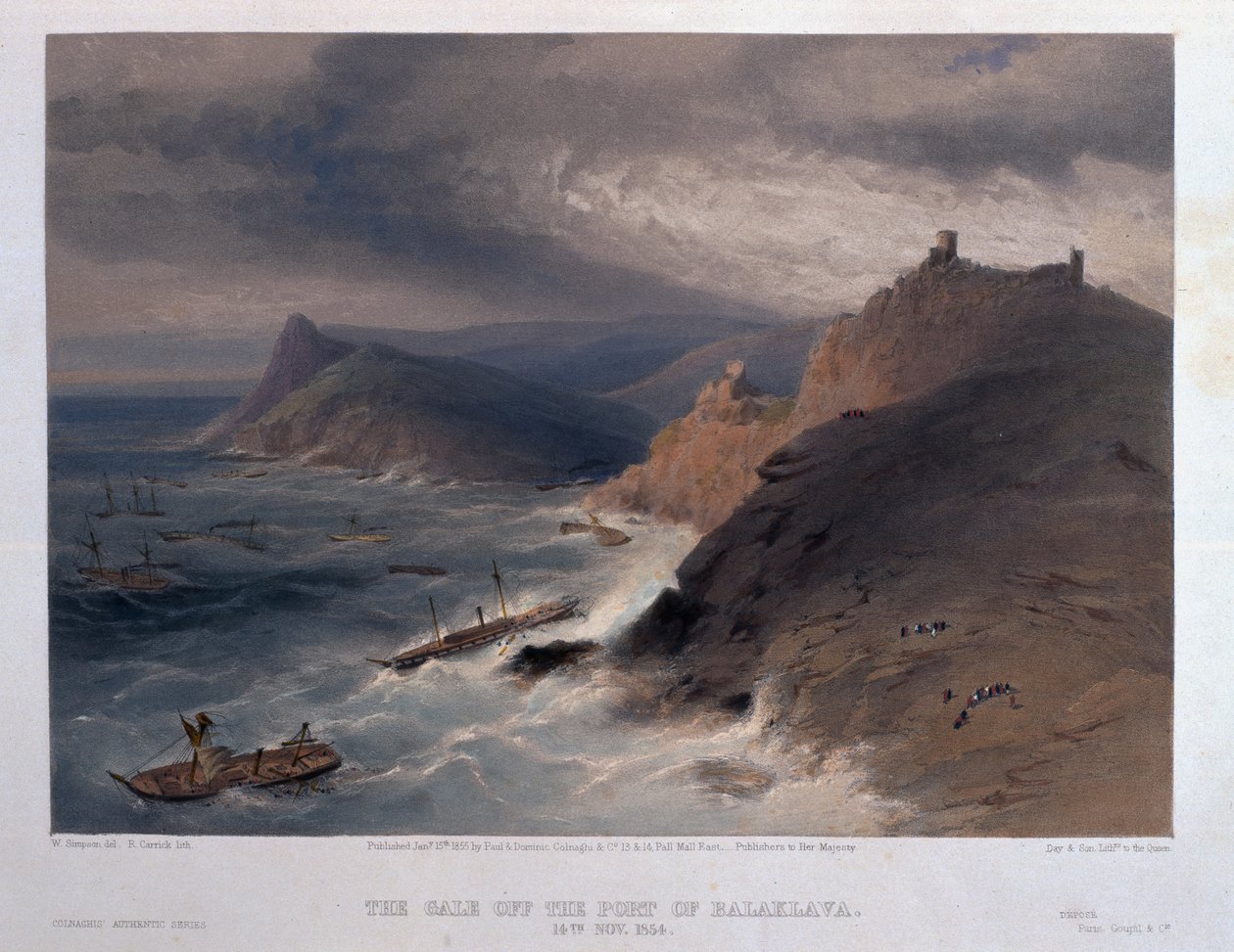 Az orkán Balaklava kikötőjénél, 1854. november 14., metszet R. Carrick, a "The Seat of War in the East - First Series" című kiadványból, kiadta Colnaghi és társai, 1855. alkotó: William Crimea Simpson