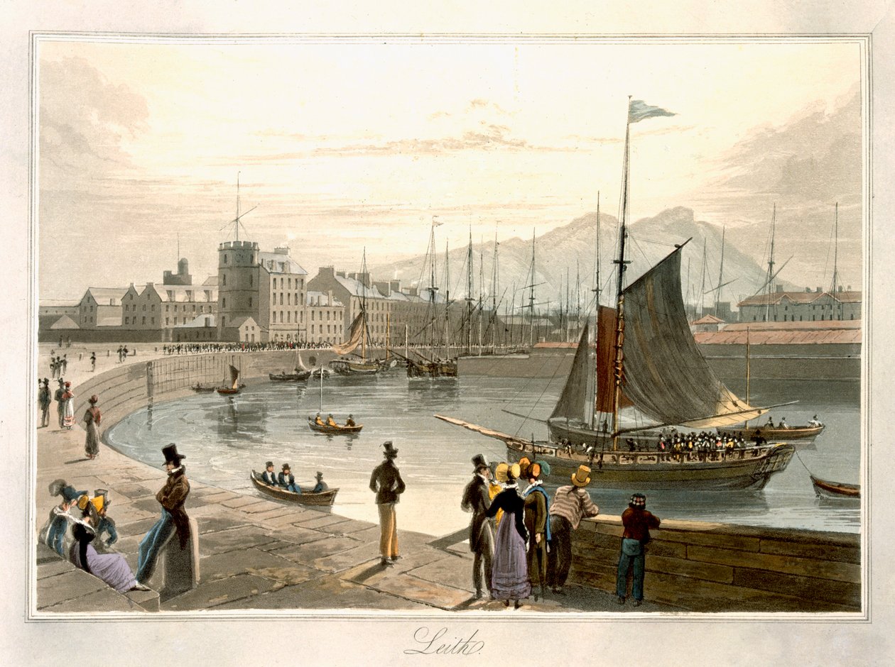 Egy komp érkezik Leithbe, az 1829-ben megjelent "Egy utazás Nagy-Britannia körül 1814 és 1825 között" című könyvből. alkotó: William Daniell