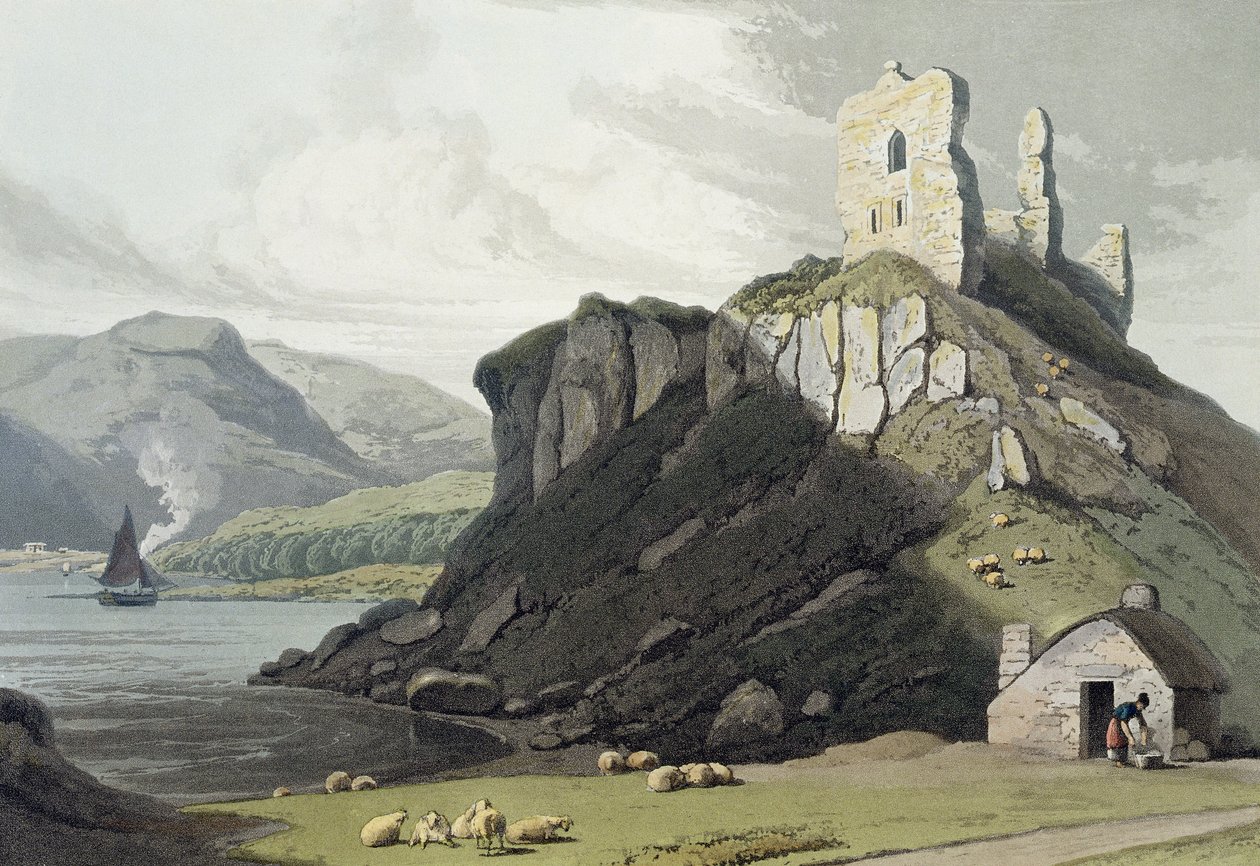 Aros Castle, Isle of Mull, az 1818-ban Londonban kiadott „A Voyage Around Great Britain Undertaken Between the Years 1814-1825-ből” (kézzel színezett metszet) alkotó: William Daniell