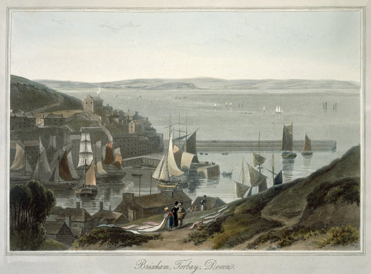 Brixham, Torbay, Devon, „A Voyage Around Britain Undertaken between the Years 1814 and 1825” VIII. kötetéből, 1825-ben (akvatinta) alkotó: William Daniell