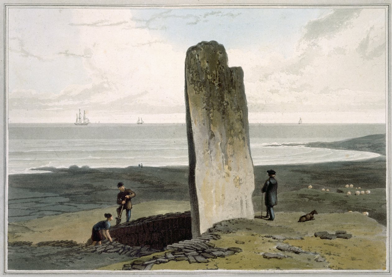 Druidical Stone at Strather near Barvas, Isle of Lewis, „A Voyage Around Great Britain Undertaken between the Years 1814 and 1825” IV. kötetéből, 1820-ban (akvatinta) alkotó: William Daniell