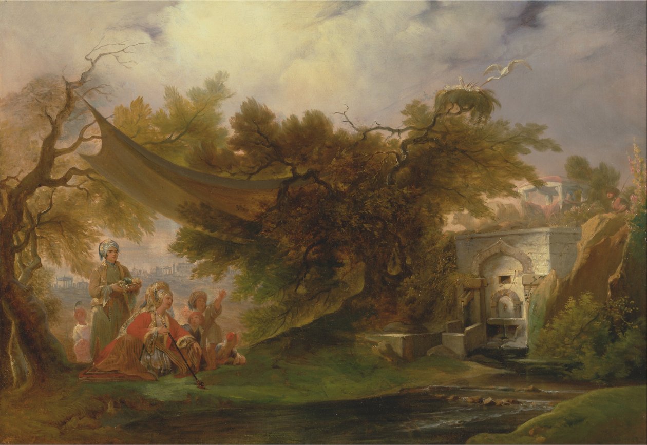 Indián tájkép figurákkal egy patak mellett alkotó: William Daniell
