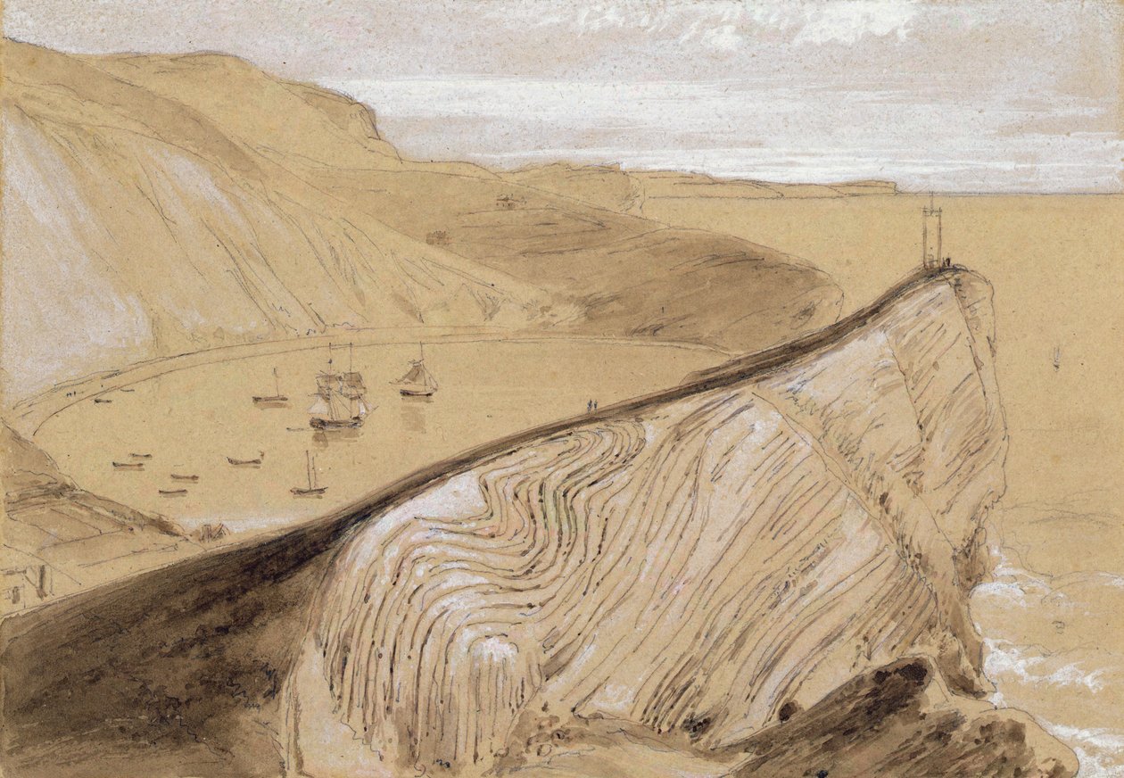 Lulworth Cove (wc, gouache és grafit bézs szőtt papíron) alkotó: William Daniell
