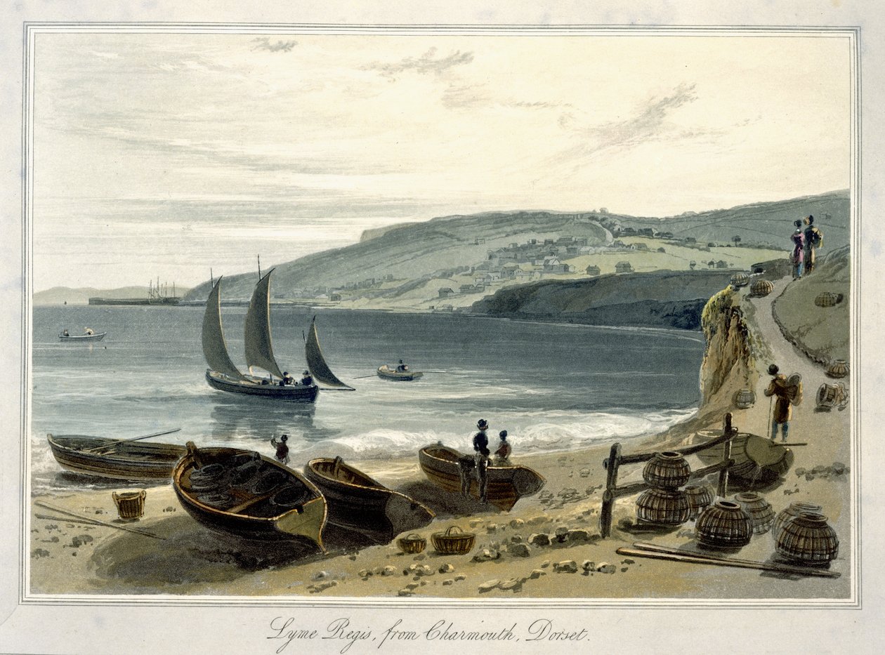 Lyme Regis, Charmouthból, Dorsetből, az „A Voyage Around Great Britain Undertaken between the Years 1814 and 1825” című filmből (akvatinta) alkotó: William Daniell