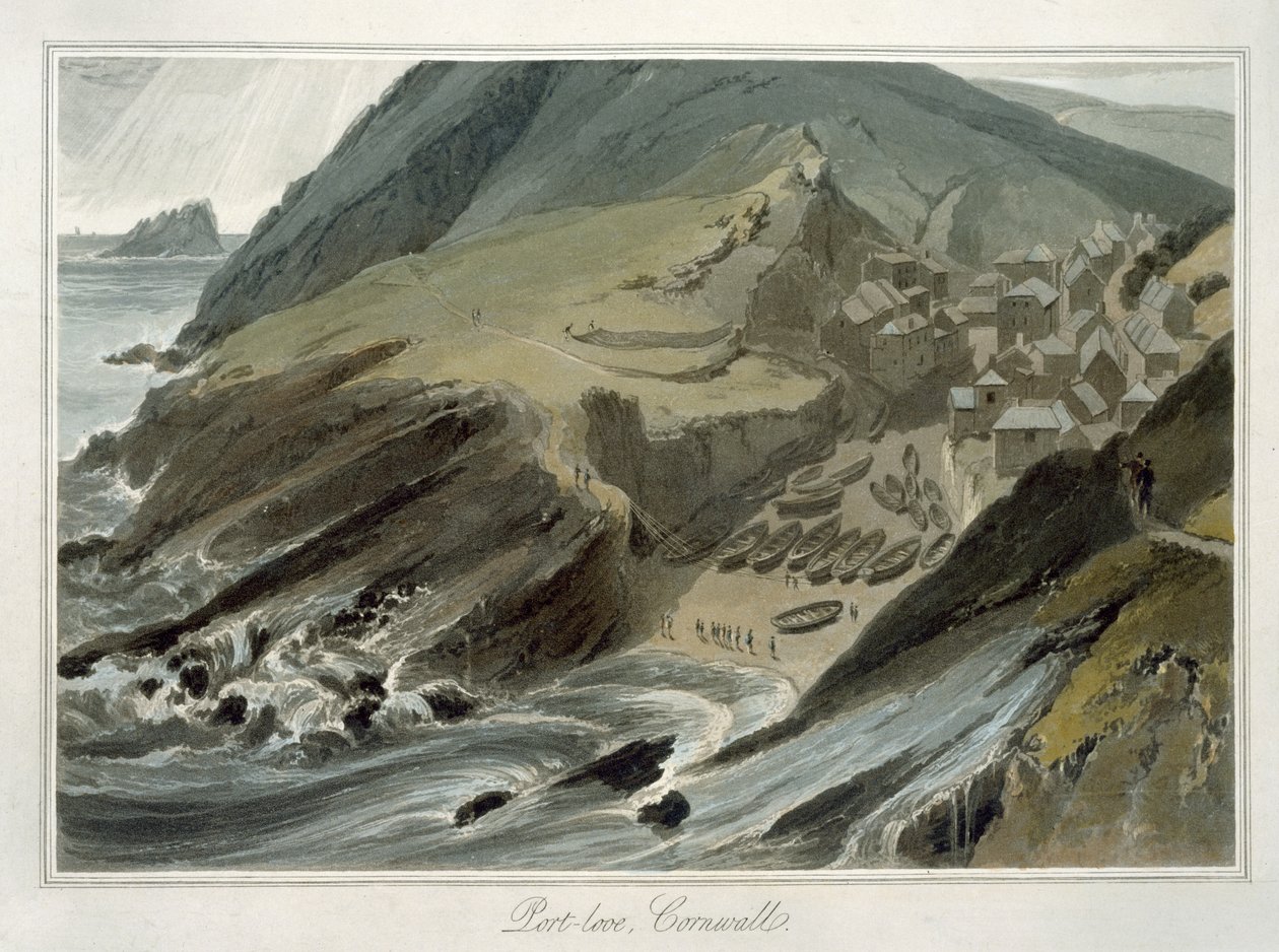 Port Looe, Cornwall, a "Nagy-Britannia körüli utazás 1814 és 1825 között" című könyvből (akvatinta) alkotó: William Daniell