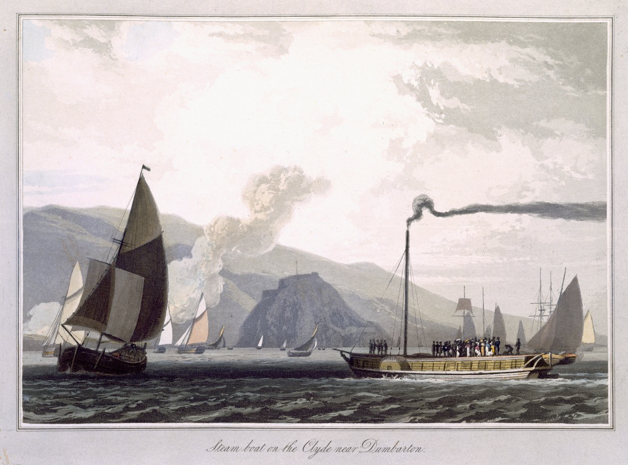 Gőzhajó a Clyde-on Dumbarton közelében, az 1829-ben megjelent "Egy utazás Nagy-Britannia körül 1814 és 1825 között" című könyvből. alkotó: William Daniell