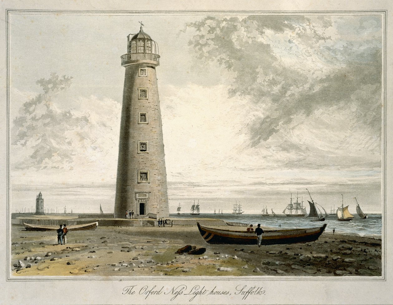 Az Orford Nefs Lighthouses, Suffolk, „A Voyage Around Great Britain Undertaken between the Years 1814 and 1825” (1822-ben megjelent akvatinta) VI. alkotó: William Daniell