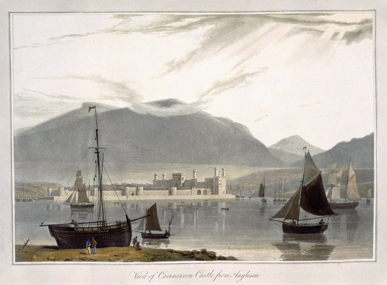 Kilátás a Caernarfon kastélyra Anglesea felől, az 1814-ben megjelent „A Voyage Around Great Britain Undertaken between the Years 1814 and 1825” című filmből alkotó: William Daniell