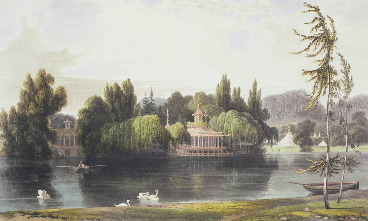 Kilátás a Virginia Water-re kerti templomokkal, a „Views of Windsor, Eton és Virginia Water”, 1828 körül alkotó: William Daniell