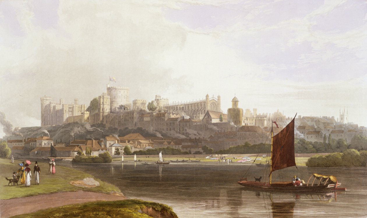 Windsori kastély a Temze folyón lévő Meadow felől, Windsor, Eton és Virginia Water nézeteit bemutató összeállításból, 1827-30 alkotó: William Daniell