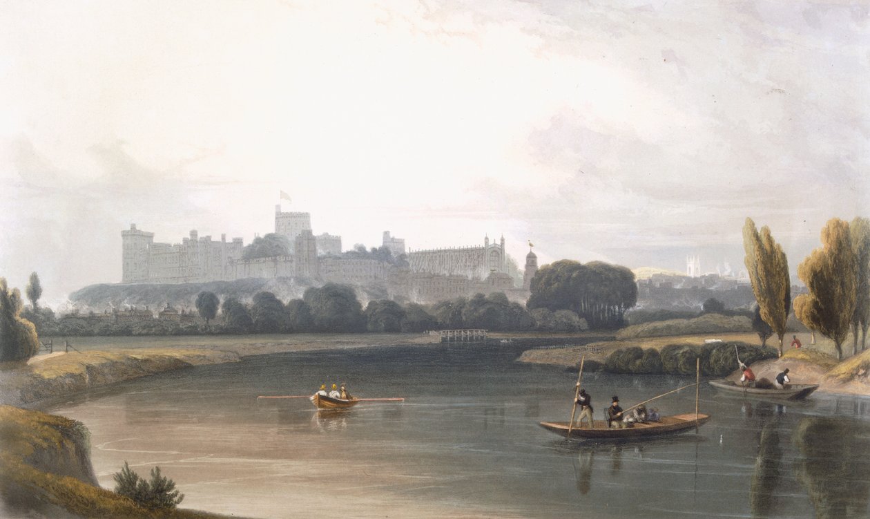 Windsor kastély a Temze folyó felől: nyugati nézet, és halászat a csónakokból, a "Views of Windsor, Eton and Virginia Water" című képből, 1827-30 körül. alkotó: William Daniell