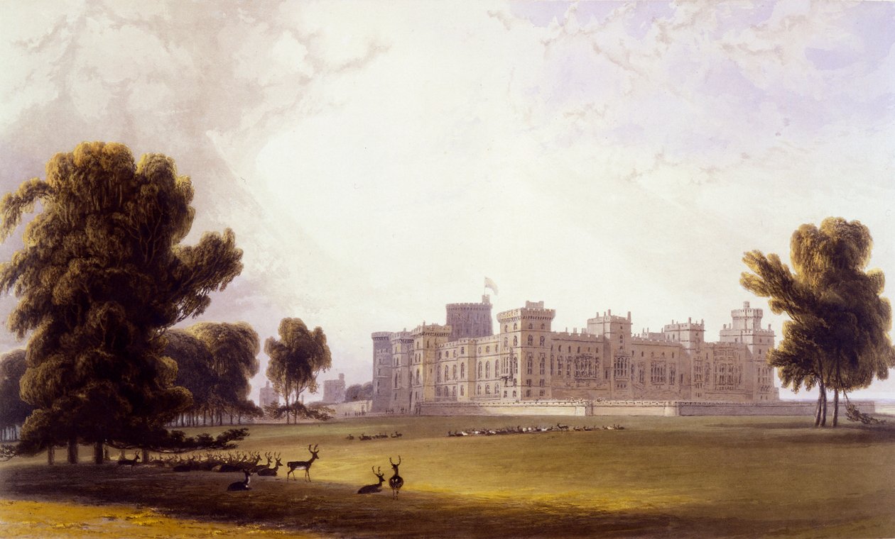 A windsori kastély a déli oldalról, a "Views of Windsor, Eton and Virginia Water" című képből, 1827-30 körül (kézzel színezett metszet). alkotó: William Daniell