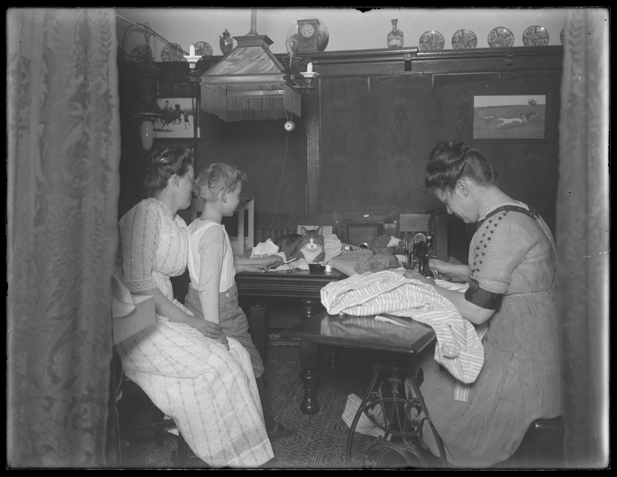 Ethel Gray Magaw Hassler, William Gray Hassler (kisfiú), Harriet E. Hassler (működő varrógép) és Reddy (macska) a 150 Vermilyea Avenue étkezőjében, 44-es apartman, New York City, 19 körül alkotó: William Davis Hassler