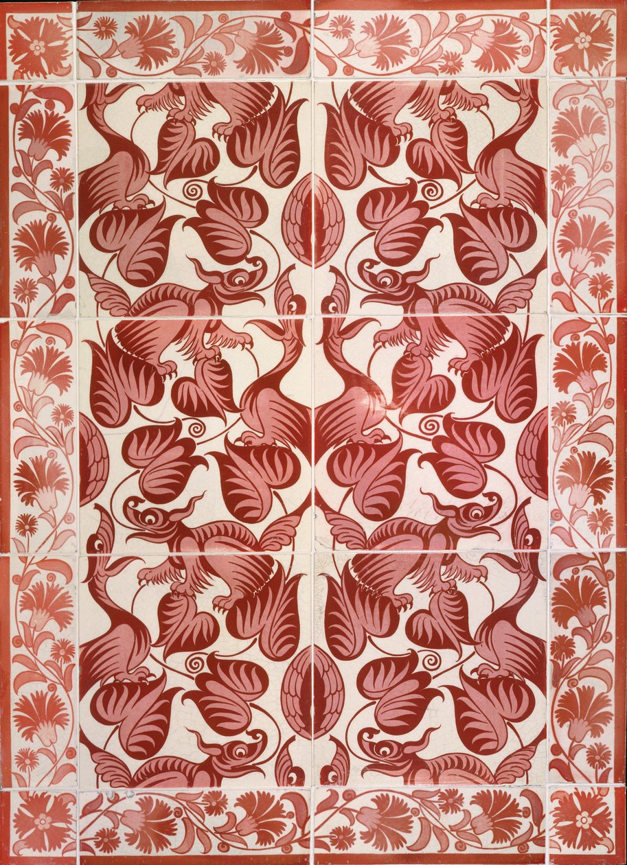C.4-1941 Csempepanel ismétlődő madarak, sárkányok és lombozat mintázatával, 1882-88 körül (kerámia edények fényes mázzal) alkotó: William de Morgan