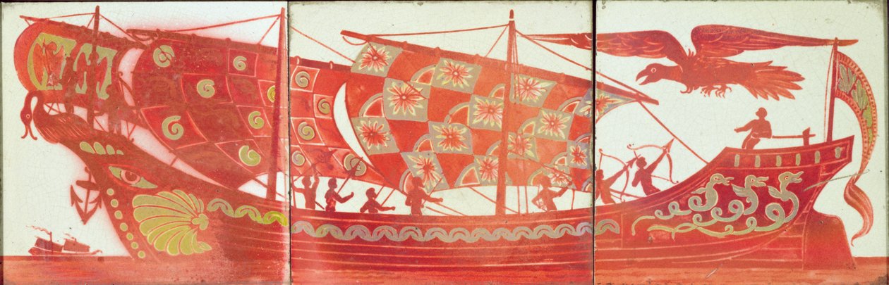 Három hajót ábrázoló csempe (kerámia) alkotó: William de Morgan
