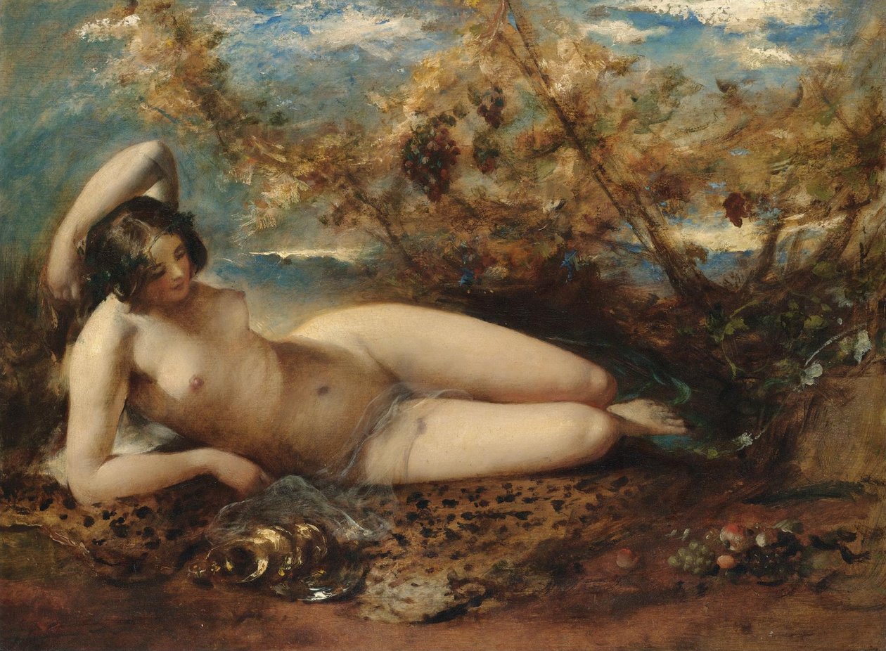 Egy fiatal nő hátradől a szőrme szőnyegen alkotó: William Etty
