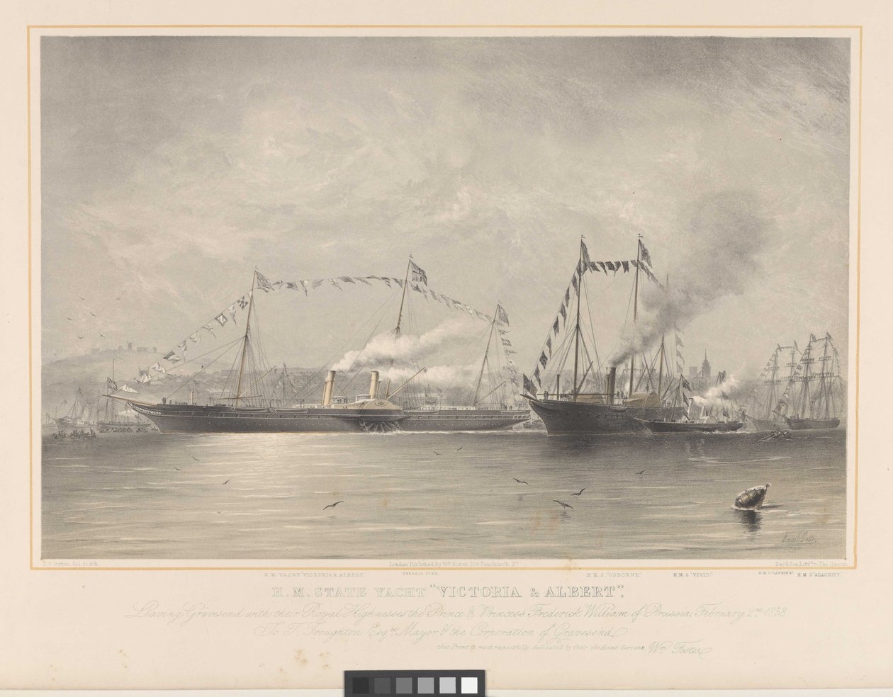 A Victoria és Albert állami jacht, Gravesendből indulva, Ő Királyi Fenségével, Frigyes Vilmos porosz herceggel és hercegnővel, 1858. február 2.
 

A művész aláírása a lemezen. nem elérhető. alkotó: William Foster