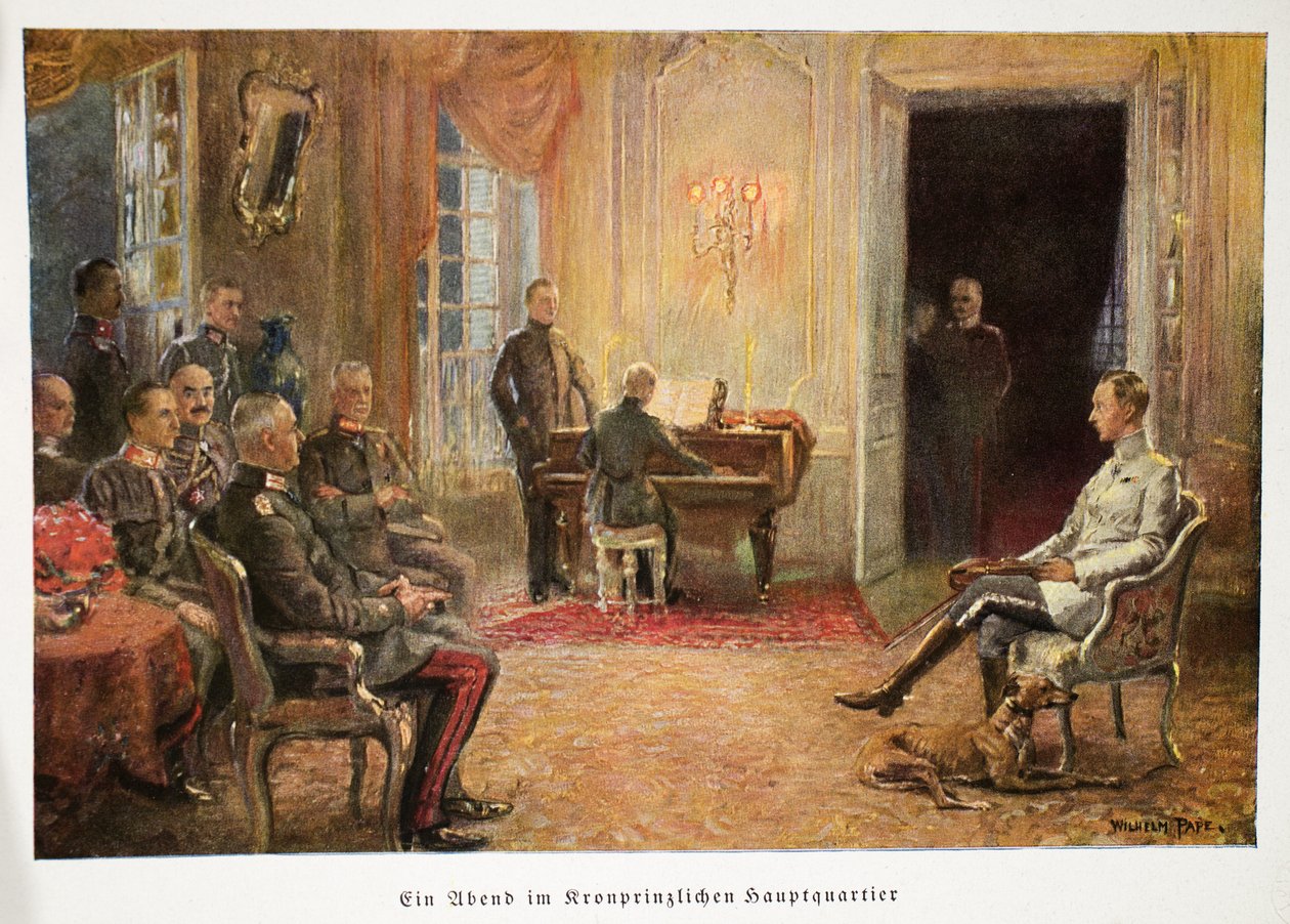 Vilmos, Németország trónörököse zongoraestet hallgat a főhadiszállásán, a kocsmában. 1917 (színes litográfia) alkotó: William Friedrich Georg Pape