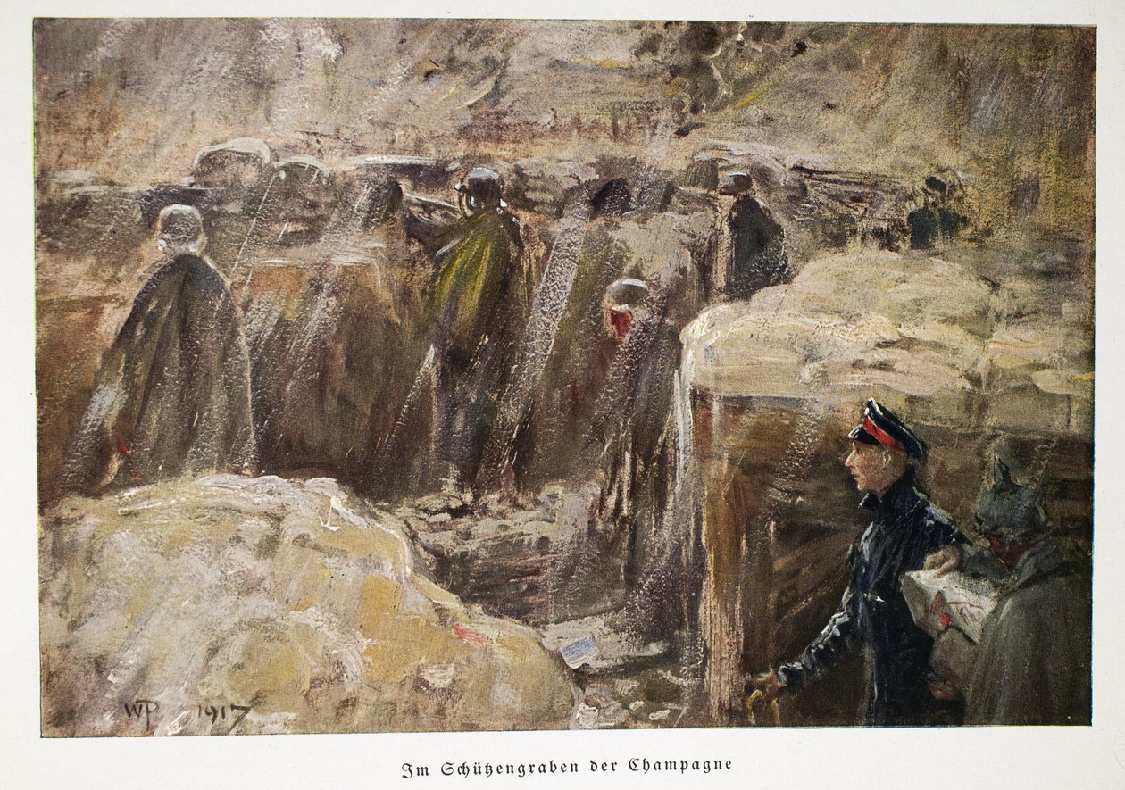 Vilmos, Németország trónörököse meglátogatja a sorok mögött álló csapatokat lövészárkaikban a Champagne pubban. 1917 (színes litográfia) alkotó: William Friedrich Georg Pape