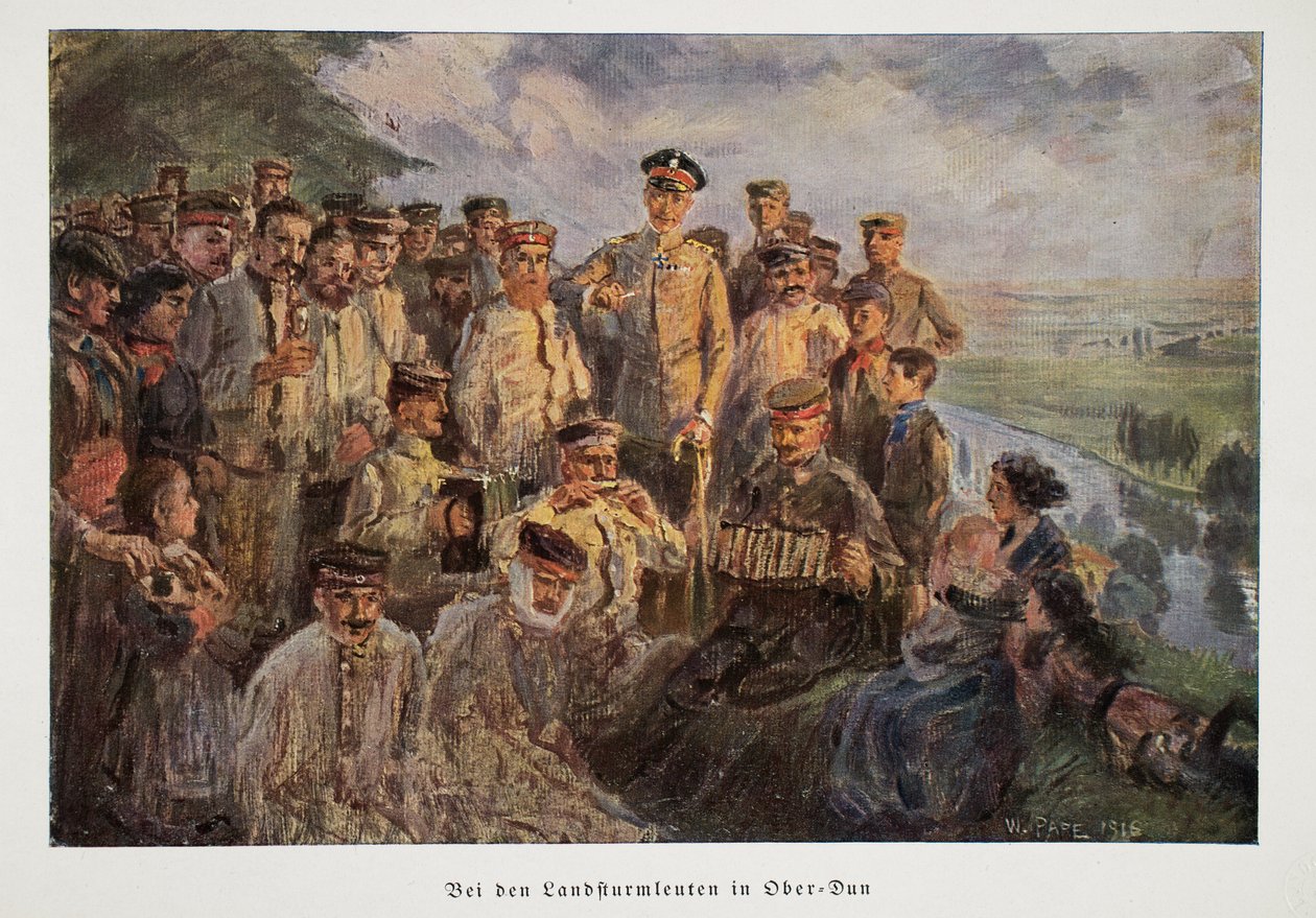Vilmos, Németország trónörököse meglátogatja azokat a csapatokat, akik szolgálaton kívül pihennek családjukkal, kocsmában. 1918 alkotó: William Friedrich Georg Pape