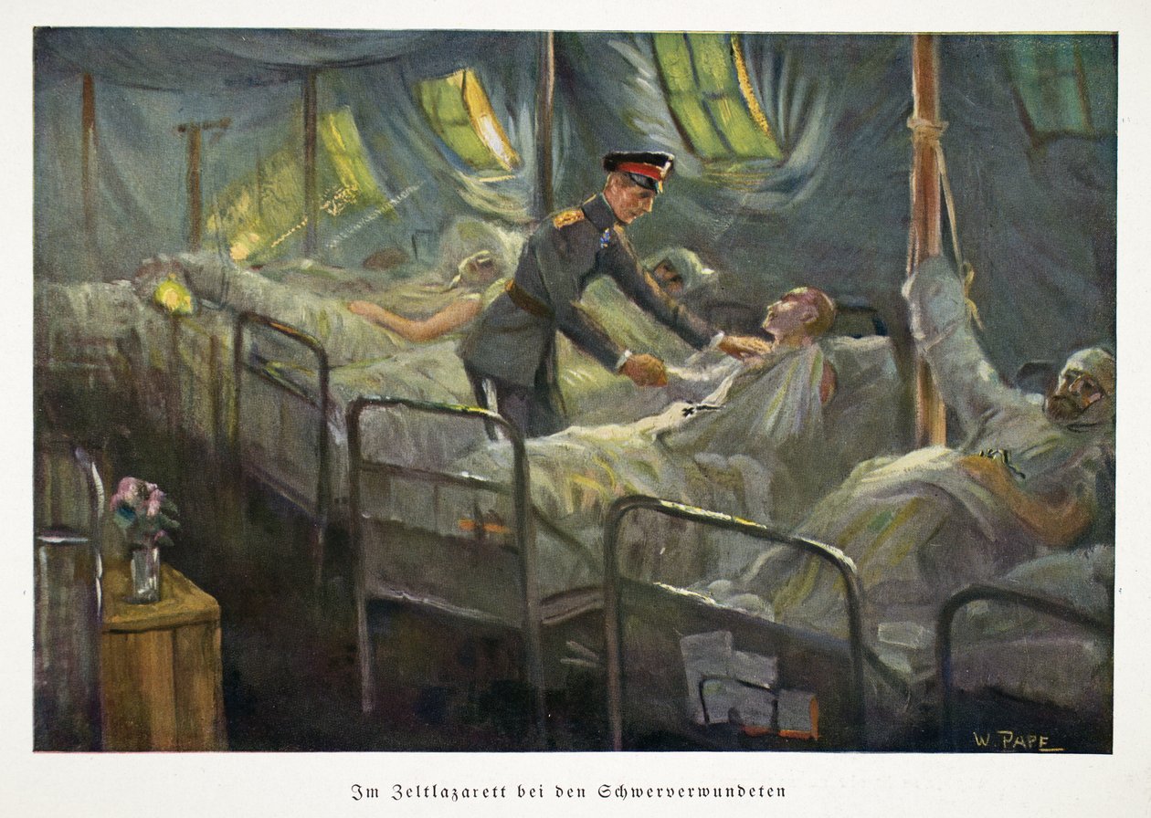 Vilmos, Németország trónörököse meglátogatja a sebesült katonákat egy tábori kórházban, 1917 körül (színes litográfia). alkotó: William Friedrich Georg Pape