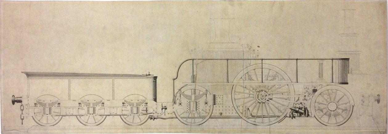 Kísérleti kondenzációs mozdony építési rajza, 1848 előtt alkotó: William George Armstrong
