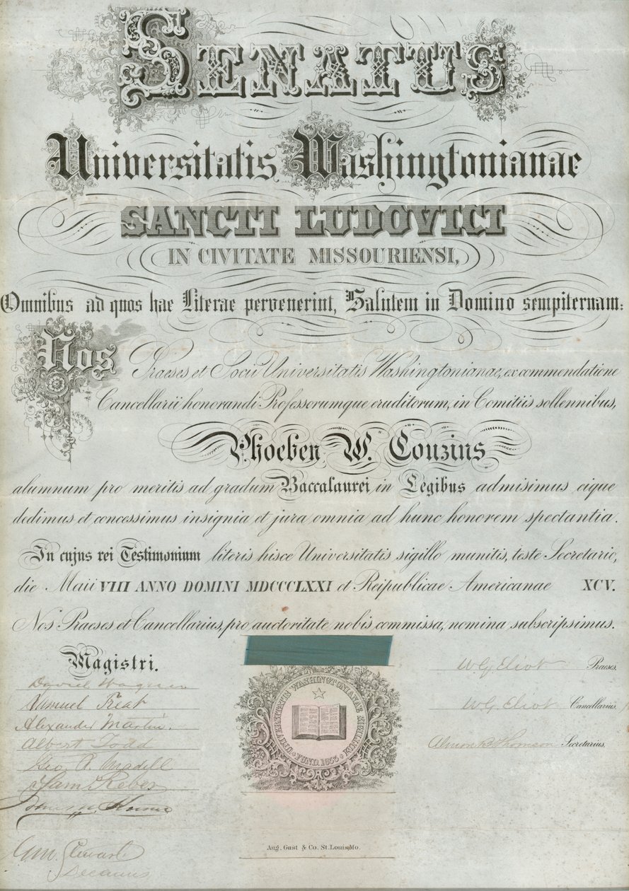 Phoebe Couzins washingtoni egyetemi oklevele, W. G. Eliot elnök és társai aláírásával, 1871. május 8 -án alkotó: William Greenleaf Eliot