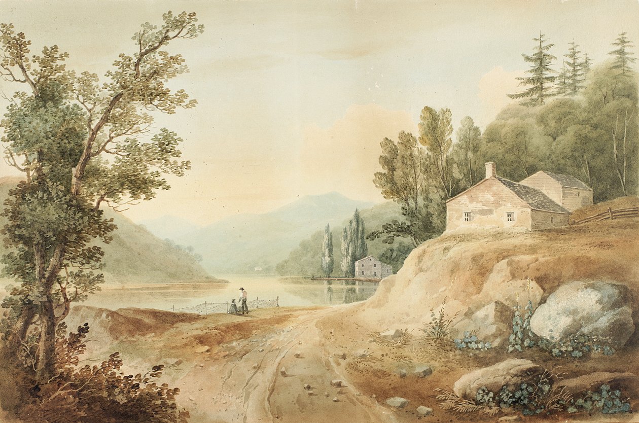 Kilátás a New York-i Fishkill közelében: (Akvarell, grafit, szelektív mázolás és karcolás, gouache érintésekkel, papírra, fektetett o alkotó: William Guy Wall
