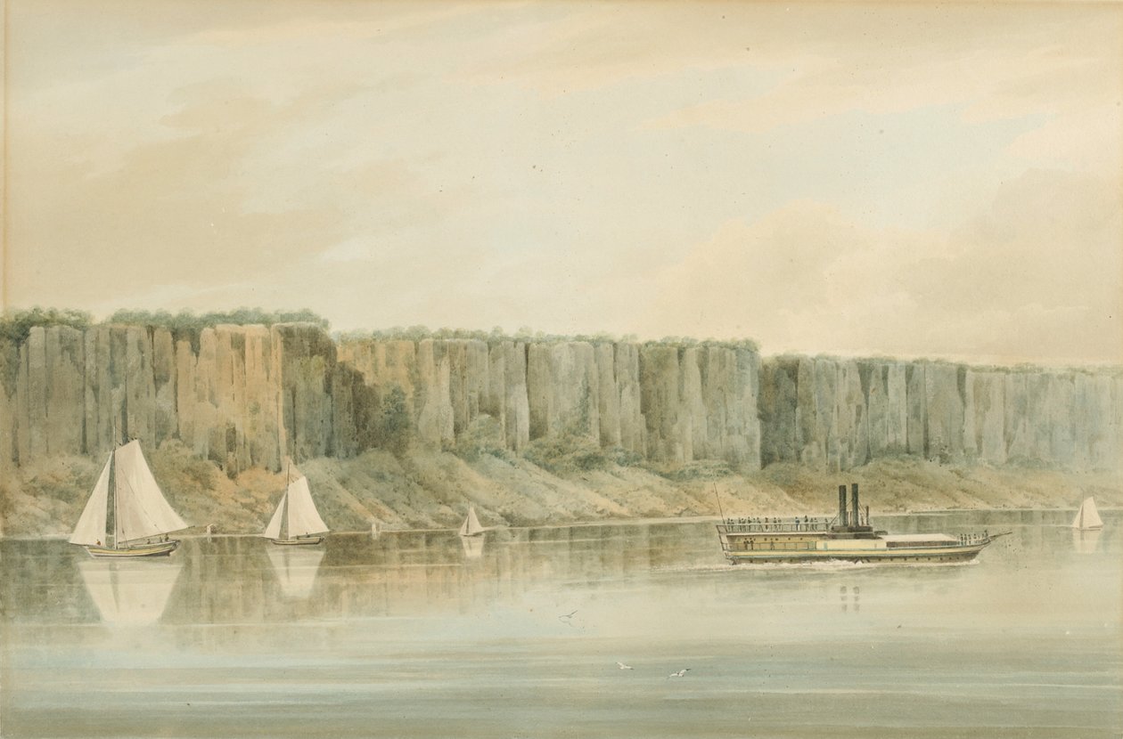 Kilátás a Palisadesre, New Jersey: Előkészítő tanulmány a Hudson River PortFolio 19. táblájához, 1820 (akvarell, grafit és kikarcolások gouache érintéssel, papíron, kártyára fektetve.) alkotó: William Guy Wall