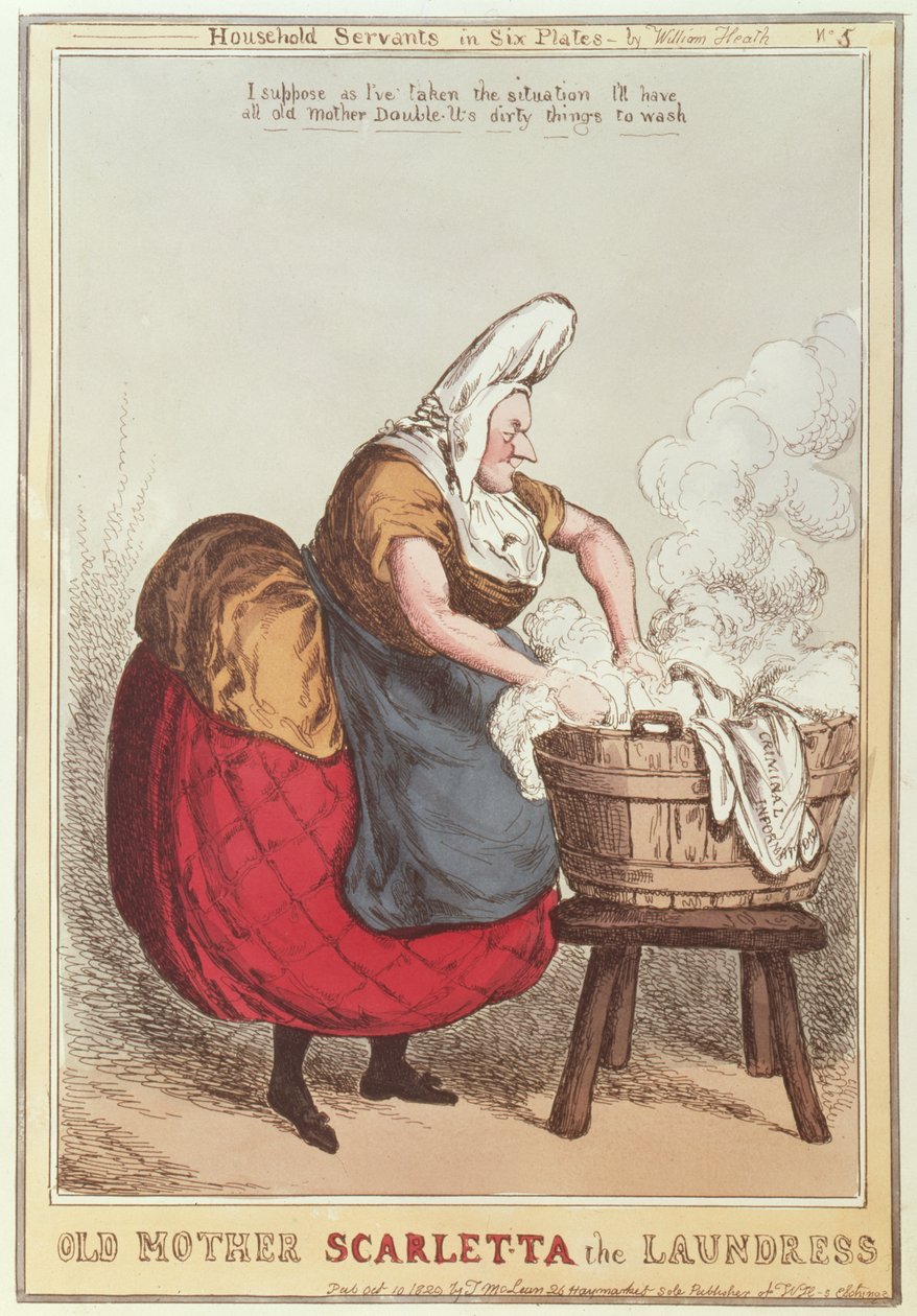 Az 1829-ben megjelent Scarletta mosónő, 5. szám a Háztartási szolgálók sorozatból alkotó: William Heath