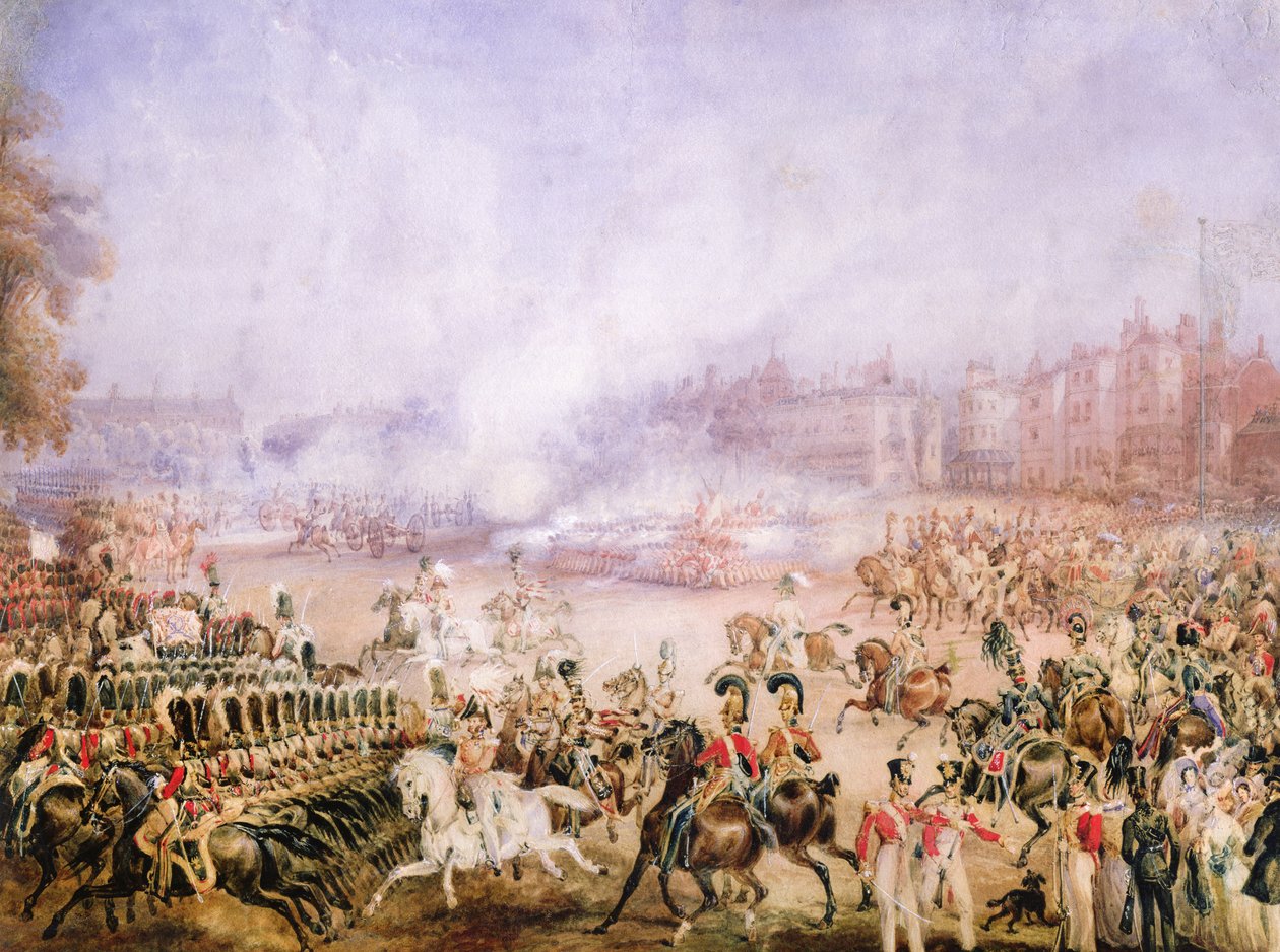 Viktória királynő csatlakozása napja üdvözlete, Hyde Park, London, 1837 (ceruza, gumiarábikum, wc és gouache papíron) alkotó: William Heath