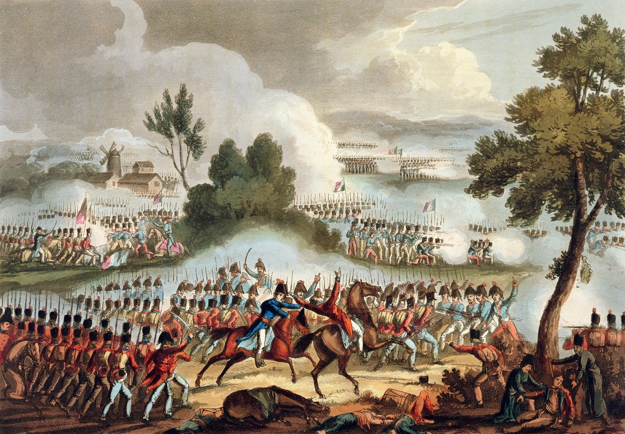 A brit hadsereg balszárnya akcióban a waterlooi csatában, 1815. június 18., a "Nagy-Britannia és szövetségesei harci eredményei 1799-1815" című könyvből, James Jenkins, metszette: Tho Jenkins. alkotó: William Heath
