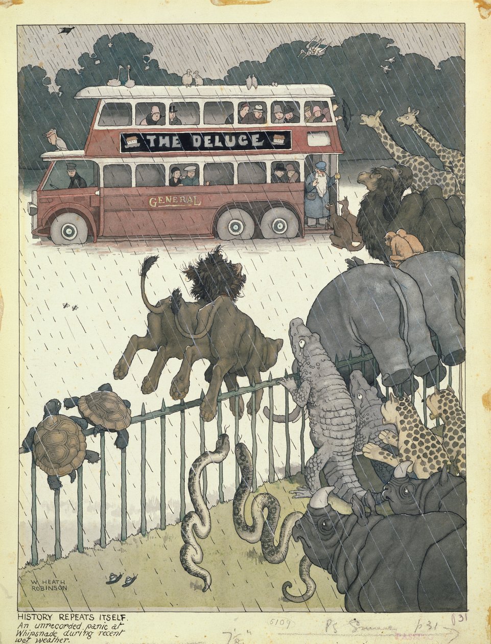 A történelem ismétli önmagát: fel nem számolt pánik Whipsnade-ben a közelmúlt nedves időjárása során alkotó: William Heath Robinson
