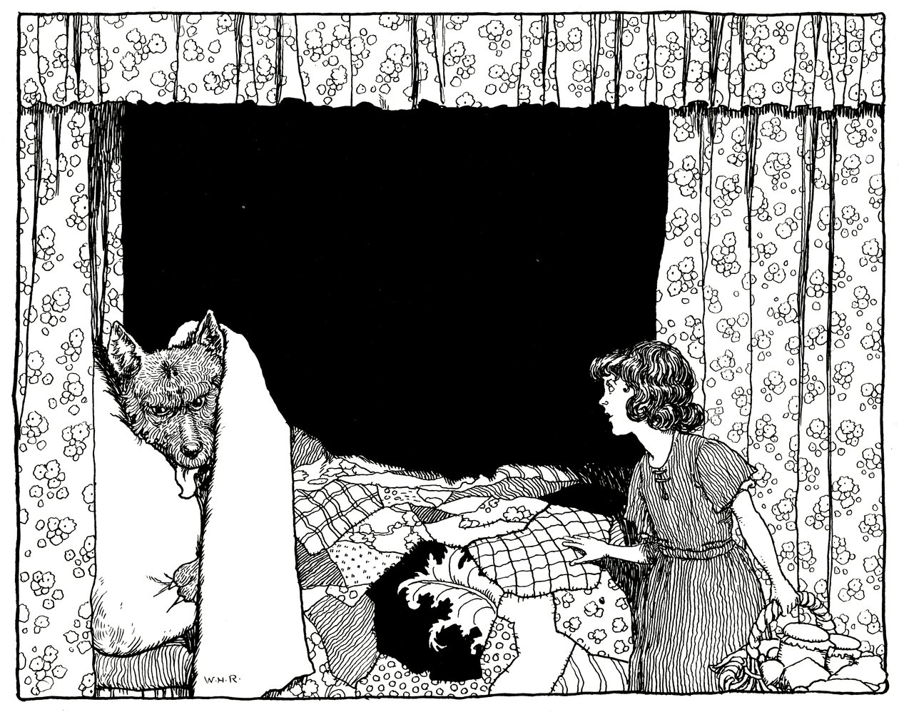 Piroska az ágy mellé ment, illusztráció a Régi idők történetéből, Charles Perrault, kocsma. Constable & Co Ltd., 1921 alkotó: William Heath Robinson