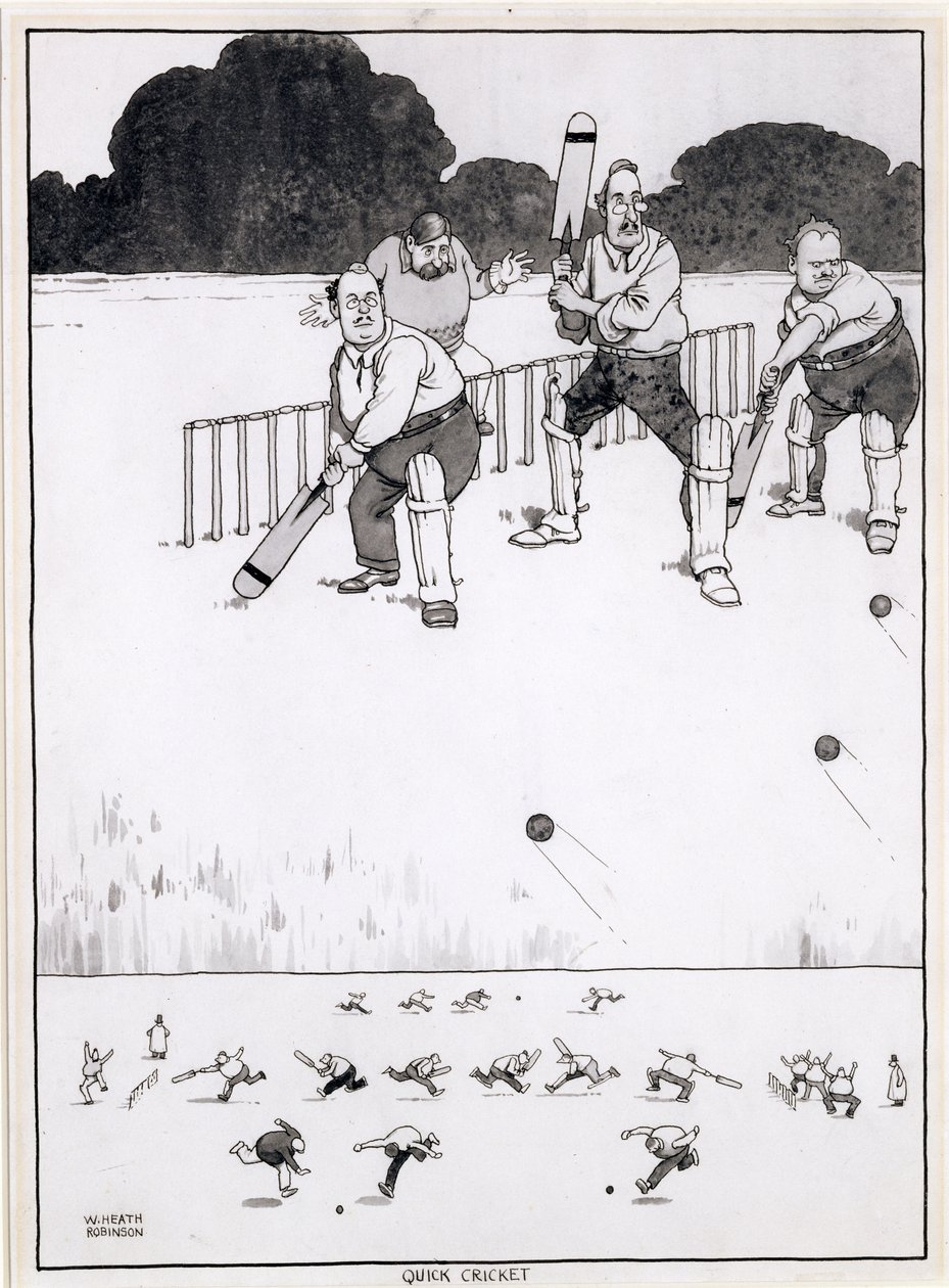Gyors krikett, új módszer arra, hogy mindkét félnek esélyt adjunk, illusztráció a The Bystander-hez, 1927. május (toll, tinta és WC) alkotó: William Heath Robinson