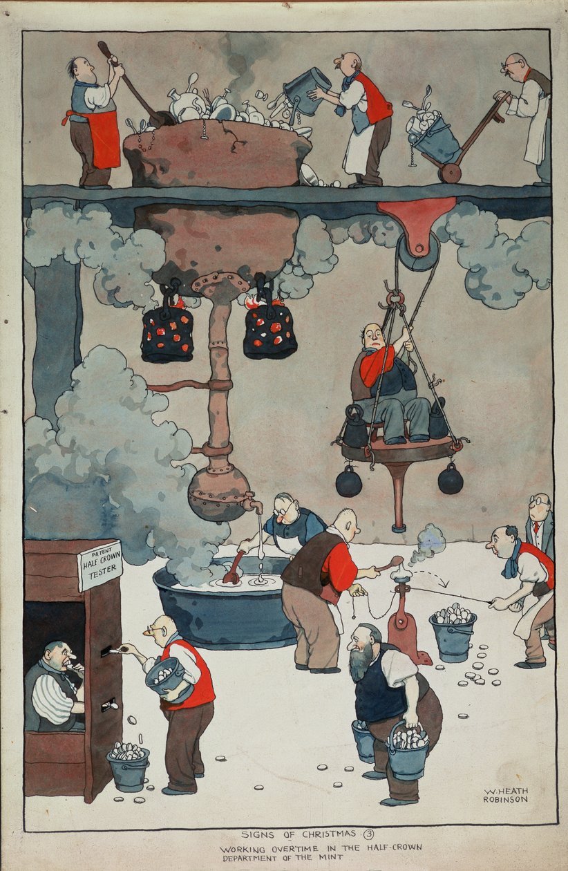 A karácsony jelei. Túlóra a pénzverde félkoronás osztályán alkotó: William Heath Robinson