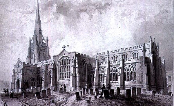 Keresztelő Szent János, Thaxted, Essex, kilátás délnyugat felől alkotó: William Henry Bartlett