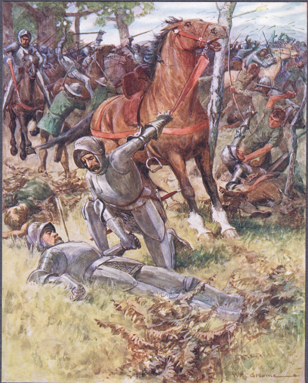 Aztán elhagyta az életet, Earl Percy kézen fogta a halottat, illusztráció a Ballads of Famous Fights című filmből, 1900 körül alkotó: William Henry Charles Groome
