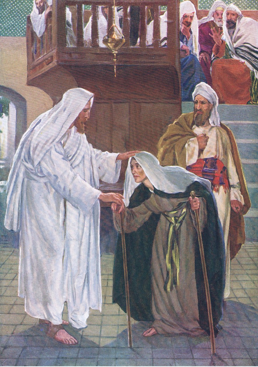 Meggyógyult a szombat napján, a Thomas Nelson által kiadott Biblia Képeskönyvből, 1950 körül alkotó: William Henry Margetson