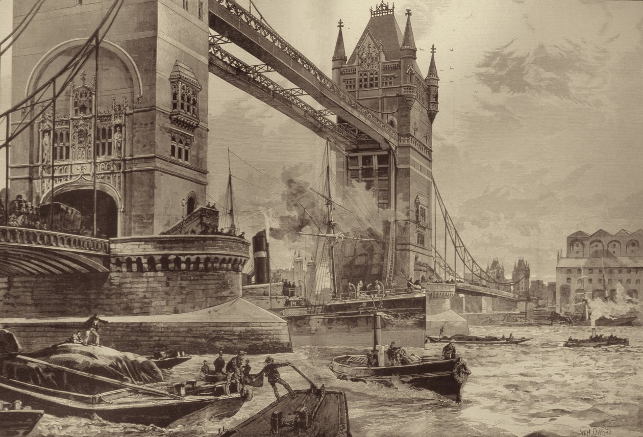 A Temze fölött felállítandó Tower Bridge: A walesi herceg által az utolsó hétfőn lerakott alapkő, a The Illustrated London News, 1886. június 26. alkotó: William Heysham after Overend