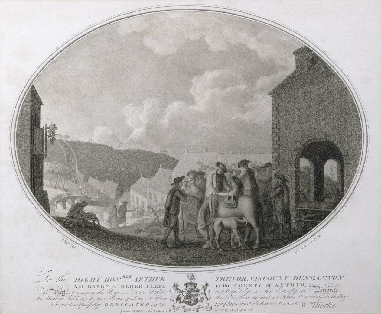 A barna vászonpiac Banbridge-ben, Antrim megyében, az Írországi Vászonmanufaktúra VIII. táblája, 1783 (mezzotint) alkotó: William Hincks