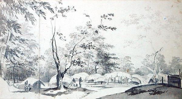 Egy hegyi falu kilátása Baugelepoor kerületében (Bhagalpur) 1783 (szürke mosás és grafit két összeillesztett papírlapon) alkotó: William Hodges