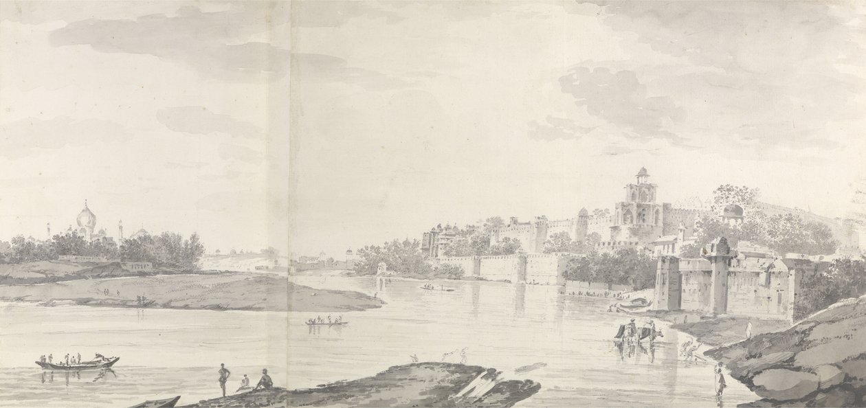 Kilátás az Agra-erődre a Jumna folyón északkeletről, 1783 körül (szürke mosás és ceruza papíron) alkotó: William Hodges