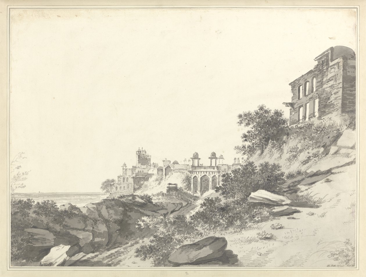 Kilátás a Fatehpur Sikri palota és mecset romjaira, 1783 körül (mosás és grafit papíron) alkotó: William Hodges