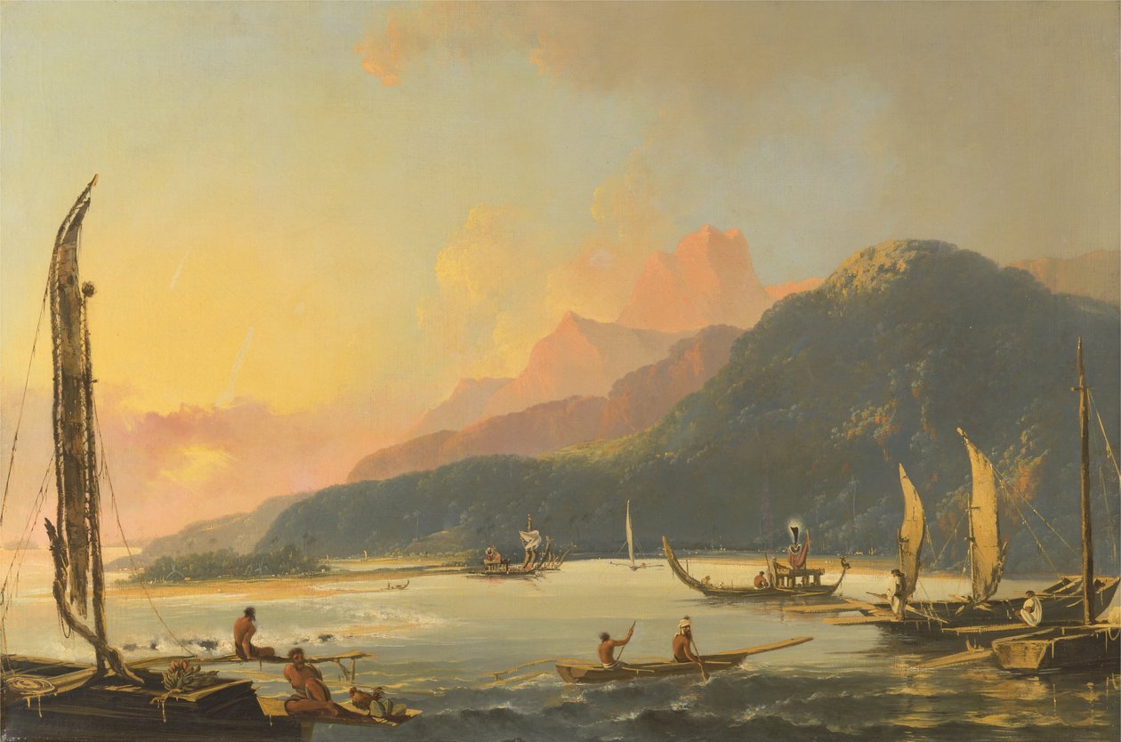 Tahitiai háborús gályák a Matavai -öbölben, Tahitiban alkotó: William Hodges
