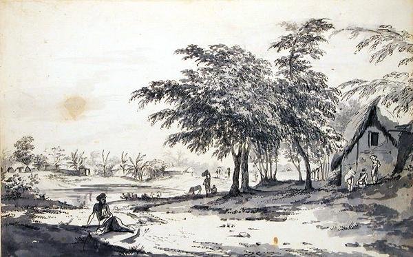 Egy indián falu kilátása egy férfival az előtérben, 1781-83 körül (szürke mosás, toll, fekete tinta és grafit fektetett papíron) alkotó: William Hodges