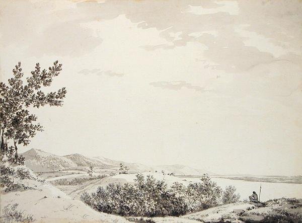 Kilátás a Rajmahal-hegységre egy Sentenial az előtérben, 1781 körül (szürke mosás, toll és fekete tinta és grafit papíron) alkotó: William Hodges