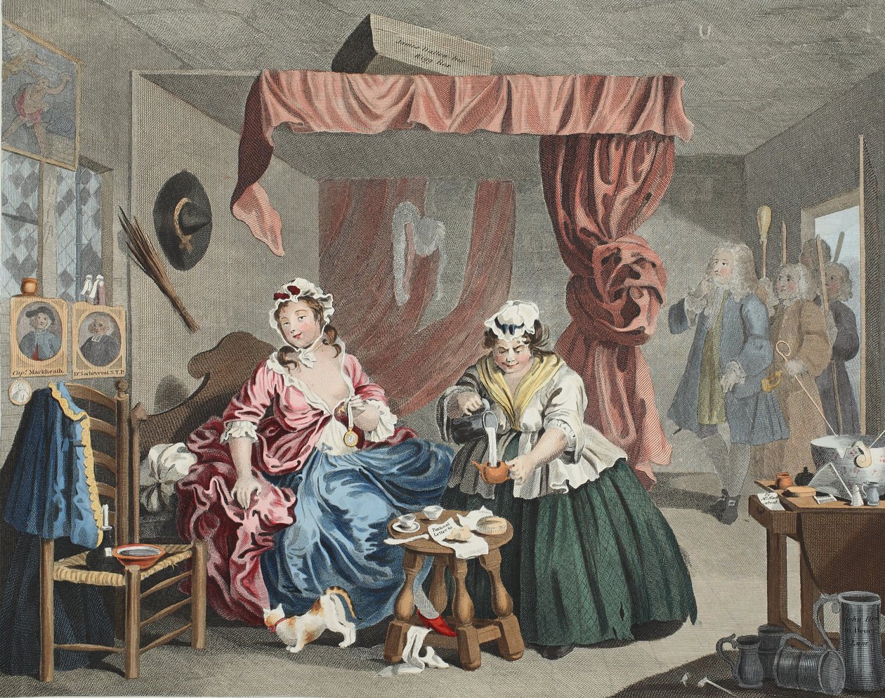 Egy szajha fejlődése, lll. tábla: Egy bíró elfogta, illusztráció a „Hogarth Restored: The Whole Works of the híres William Hogarth, újrametszett Thomas Cook” című könyvből, pub. 1812 (kézszínű alkotó: William Hogarth