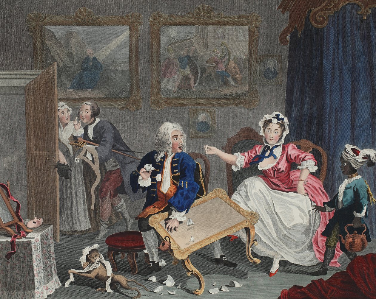 A parázna folyamata, II. tábla, illusztráció a „Hogarth Restored: The Whole Works of the híres William Hogarth, újrametszette Thomas Cook” című kocsmából. 1812 (kézzel színezett metszet) alkotó: William Hogarth