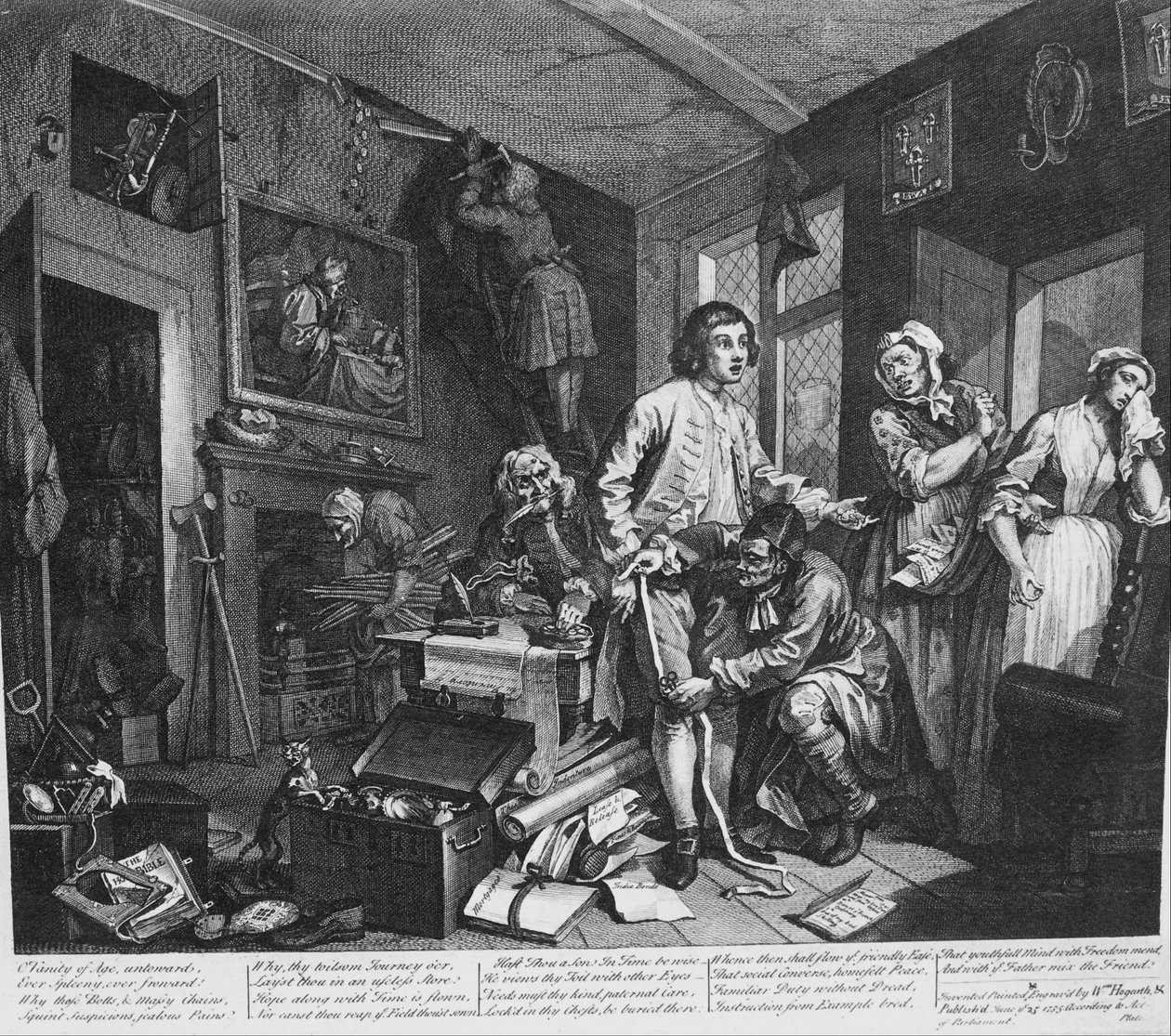 A Rakes Progress, 1. lemez, A fiatal örökös birtokolja a fösvények hatásait alkotó: William Hogarth